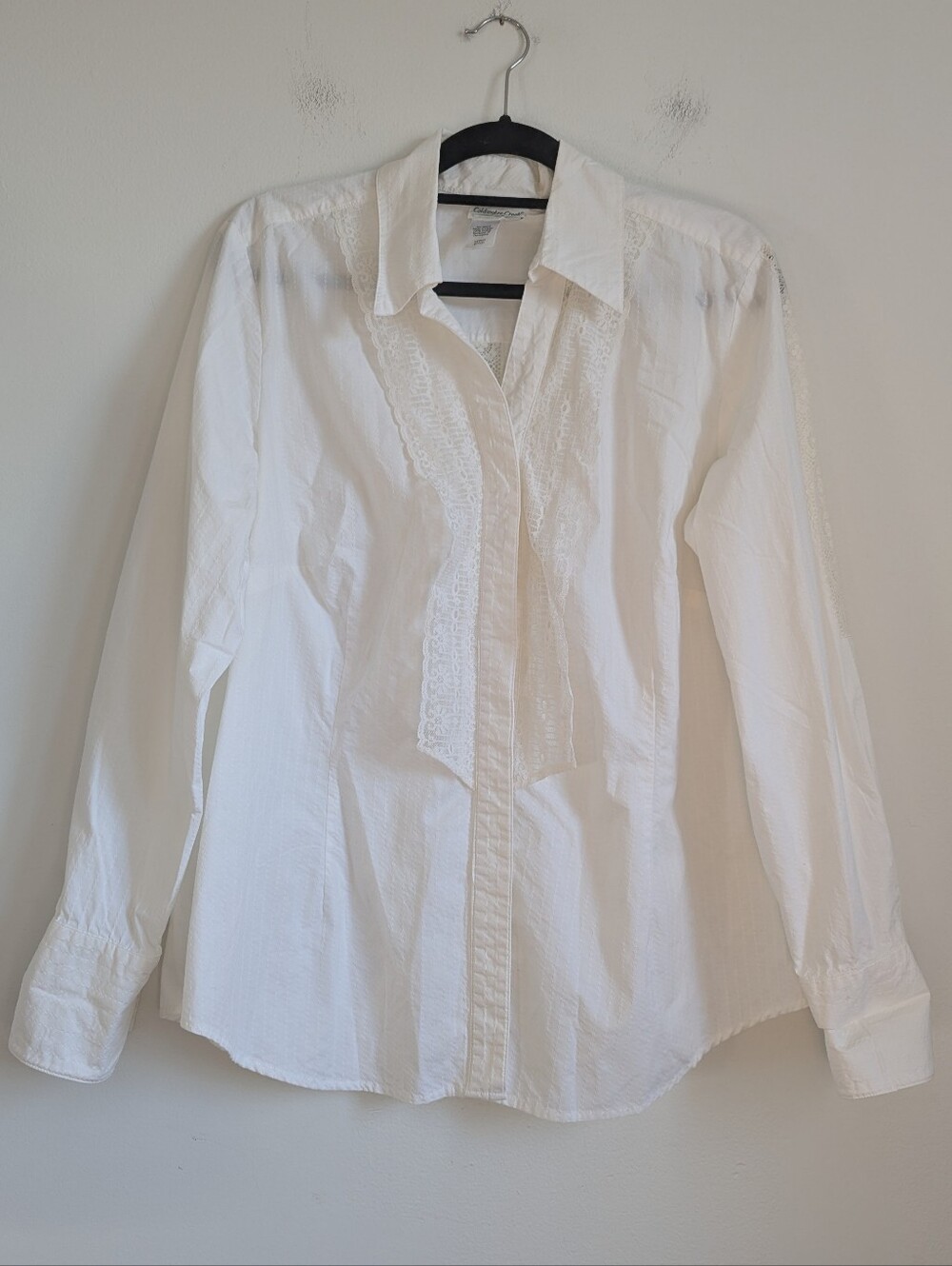 Coldwater Creek White Cotton Lace Button Up Tuxedo Shirt Pirate Prairie